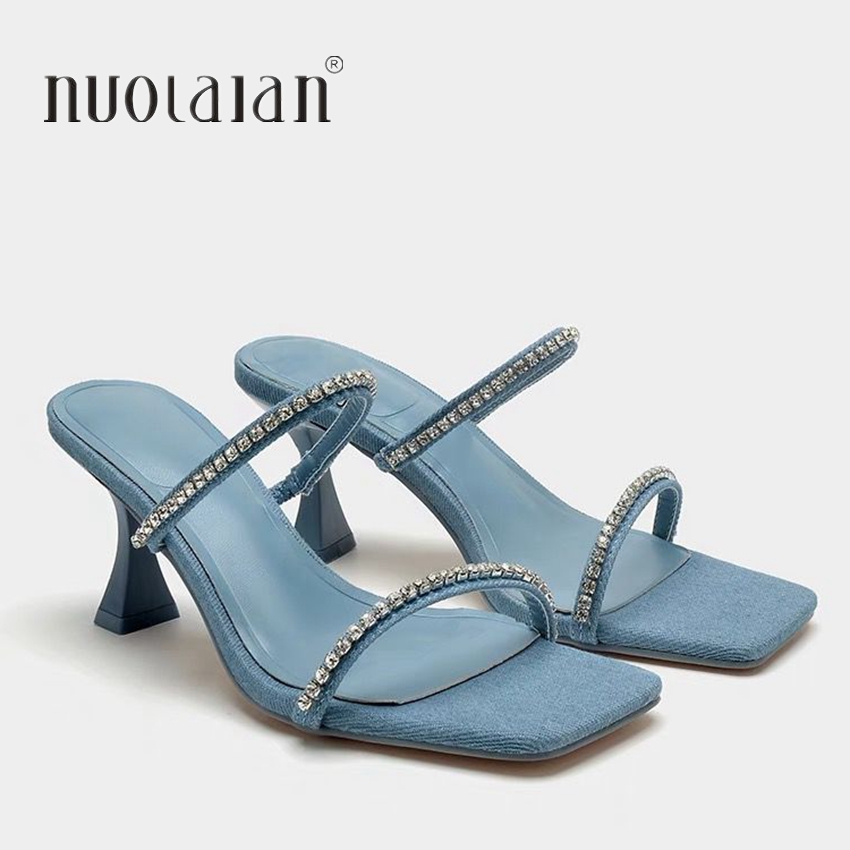Women Shoes Jeans - Denim strass talons sandales femmes Mules