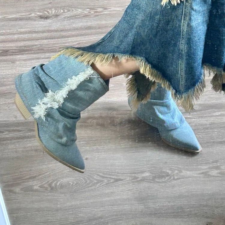 Women Shoes Jeans - Bottes de rinçage en denim plissé