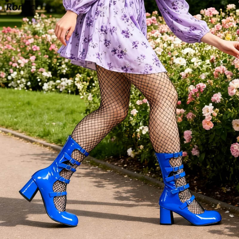 Women'S Shoes Navy Blue - Bottes gothiques en cuir verni bleu