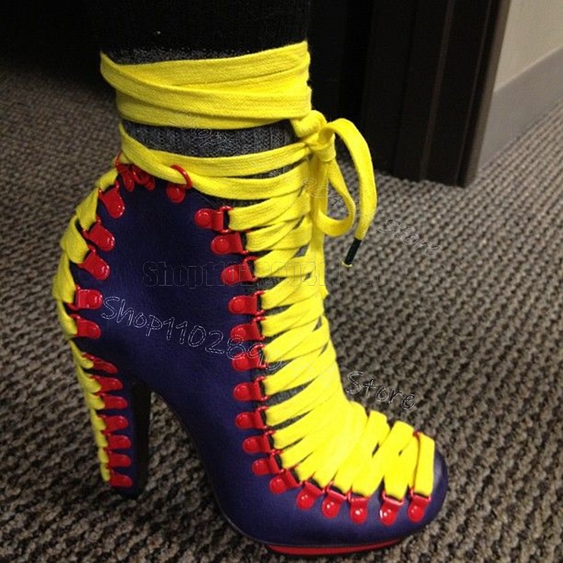 Women'S Shoes Navy Blue - Nouvelles Bottines à Lacets Jaunes à
