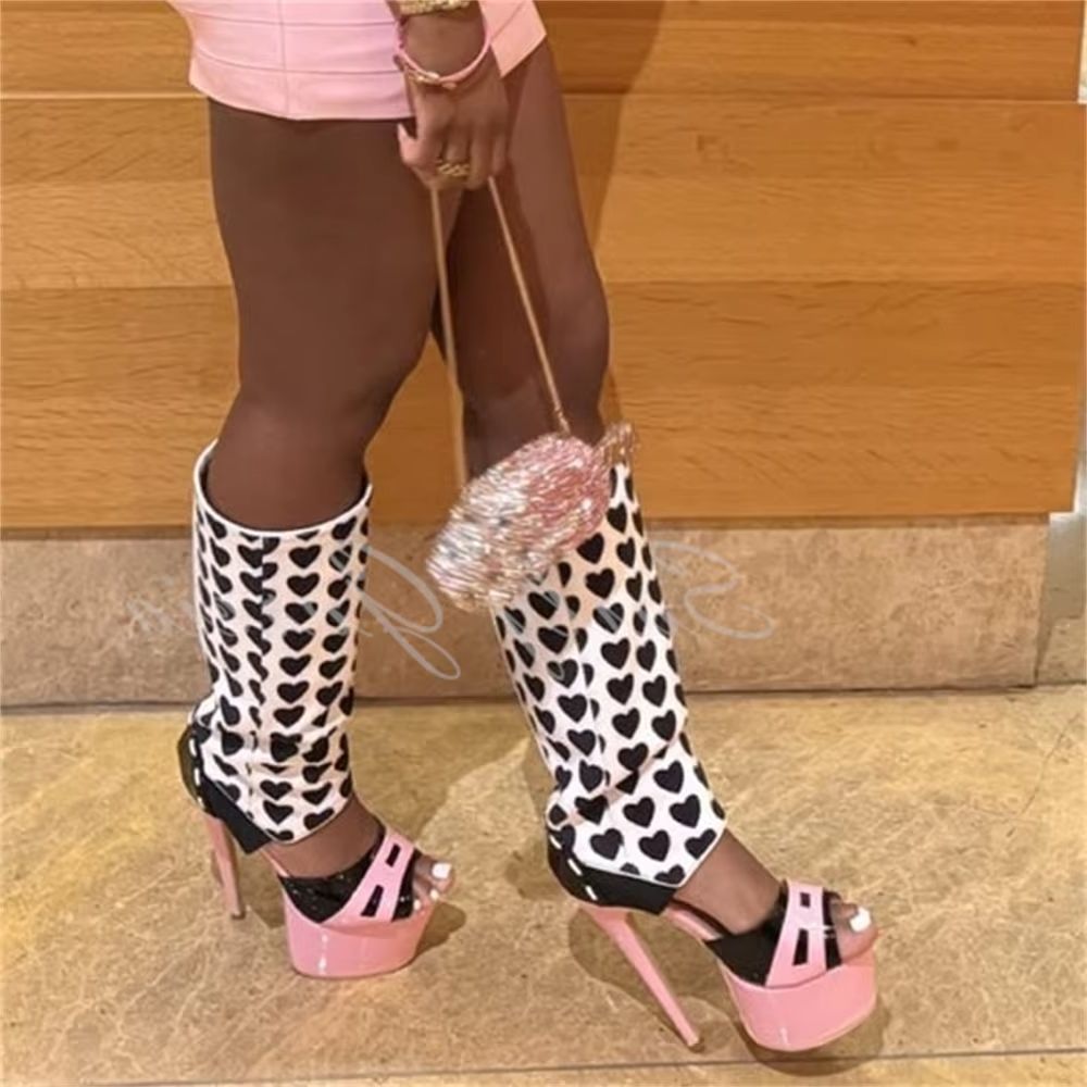 High Knee Heel Boots - Sandales élégantes pour femmes, rose, avec
