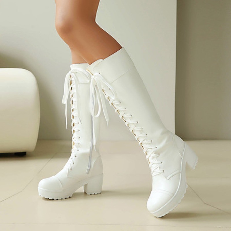 High Knee Heel Boots - Bottes de combat hautes à lacets