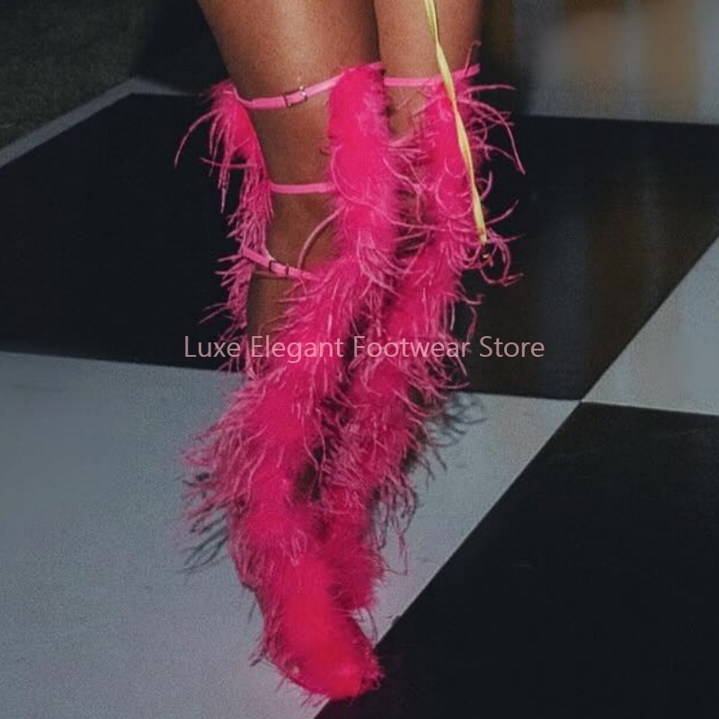Bottes sandales roses à plumes - High Knee Heel Boots avis et prix