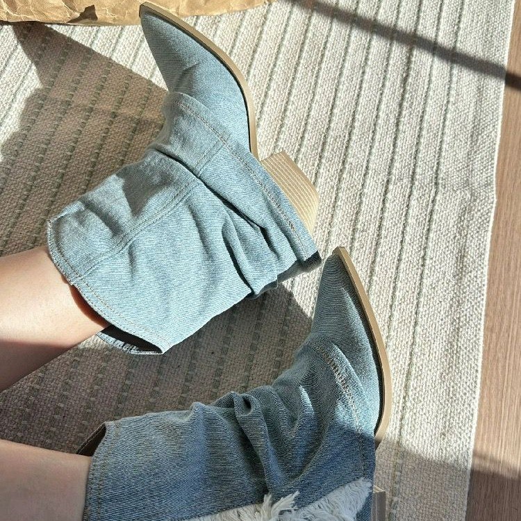 Bottes de rinçage en denim pli - Women Shoes Jeans avis et prix